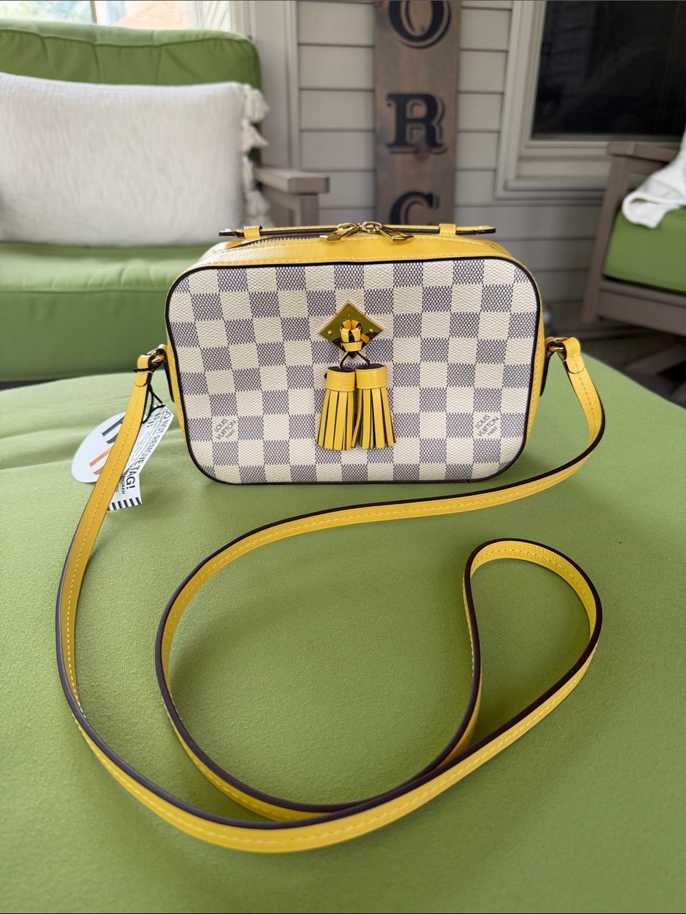 Louis Vuitton Damier Azur Canvas Saintonge Bag  with Yellow Leather Accents